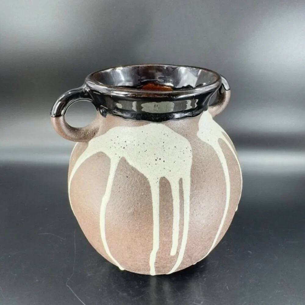 W Germany Pottery‎ Lava Glaze Vase Vessel Brown Drip Glaze RedWare With Handles